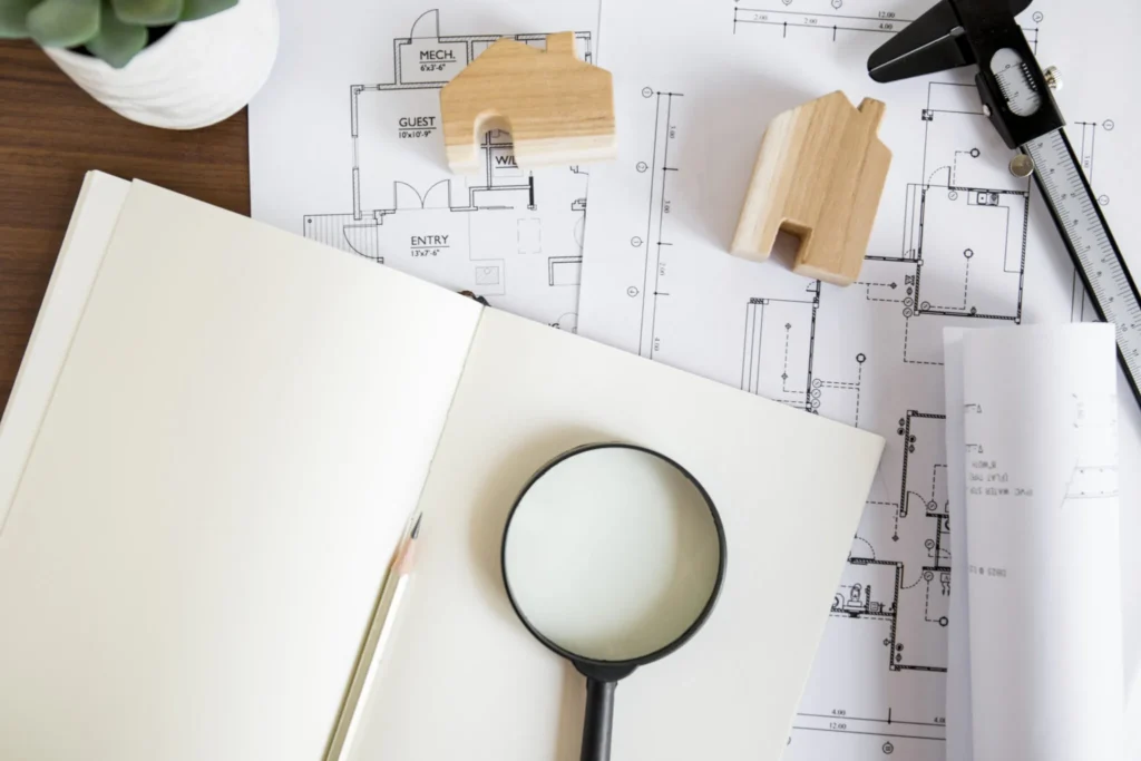 Alternatívny text: Pohľad zhora na pracovný stôl s architektonickými plánmi domu, otvoreným čistým zápisníkom, lupou, ceruzkou, posuvným meradlom a malými drevenými maketami domčekov, čo symbolizuje plánovanie a prípravu rekonštrukcie.