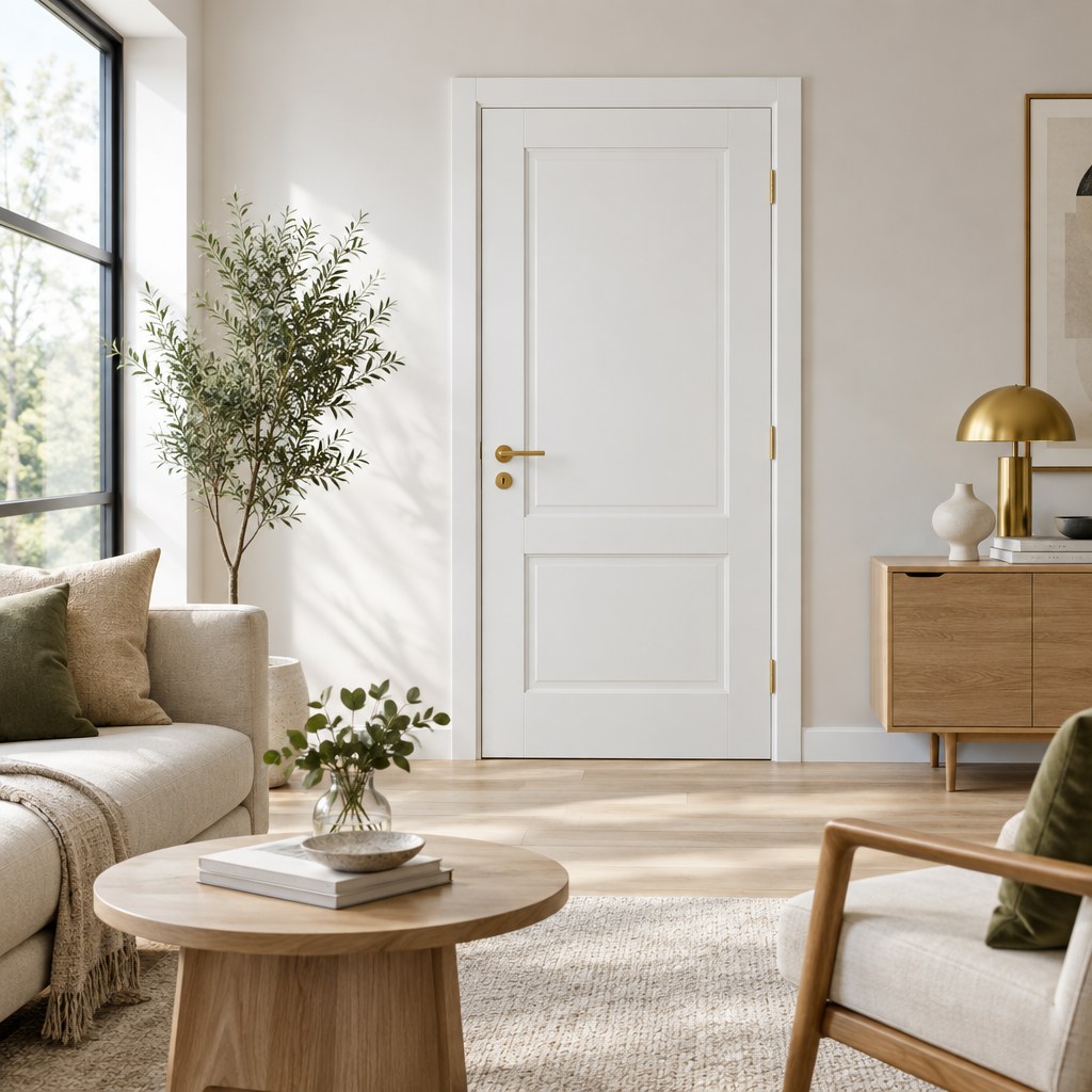 Modern interior door design trends 2025, minimalist white panel door with gold handles in contemporary living room, clea…