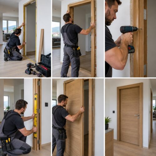 Professional carpenter installing interior door frame, tools visible, wooden door installation in modern Slovak home, st…