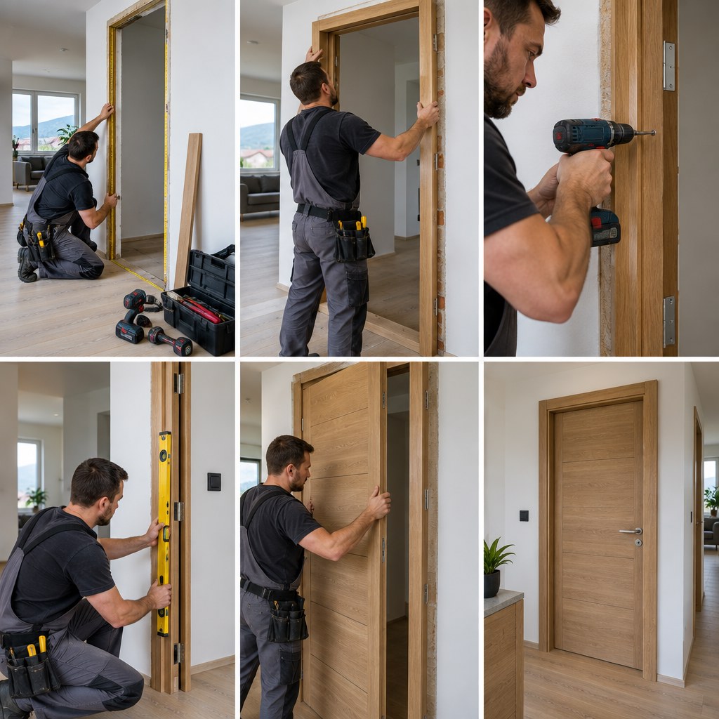 Professional carpenter installing interior door frame, tools visible, wooden door installation in modern Slovak home, st…